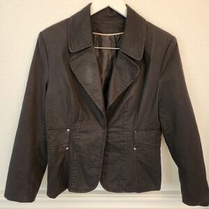 Womens Dark Black Denim Like Material Blazer see measurements for size‎ flaw